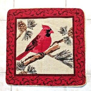 Winter Cardinal Tapestry Pillow Cover Gold Edge Zippered Red Green Tan Gift New